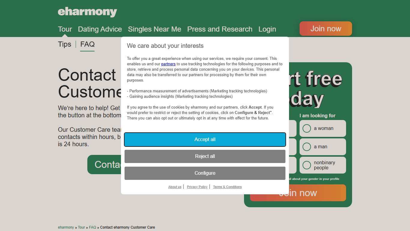How can I contact the eharmony Customer Care Team?