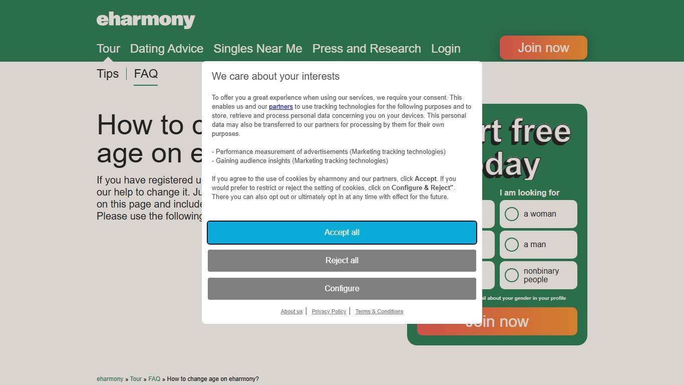 How to change age on eharmony?