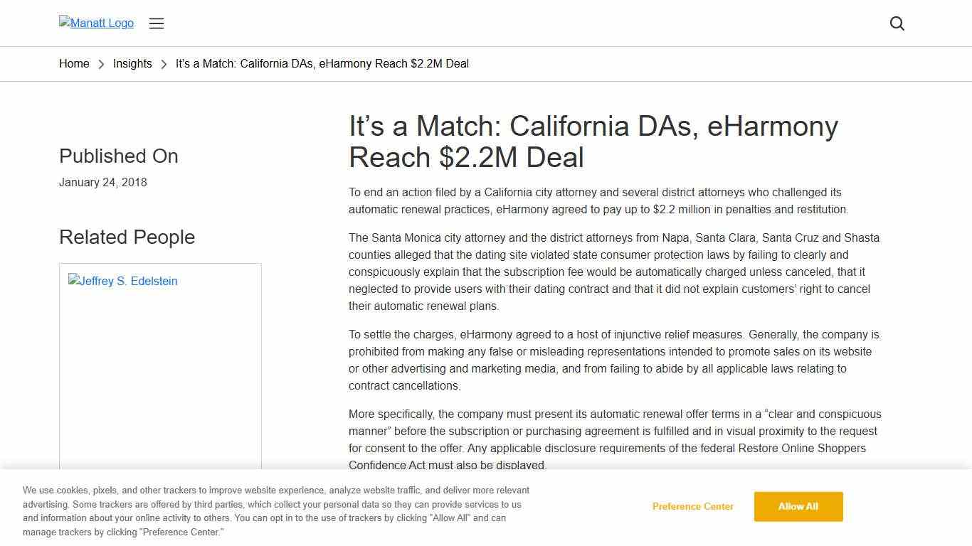 It’s a Match: California DAs, eHarmony Reach $2.2M Deal - Manatt, Phelps & Phillips, LLP